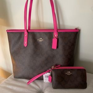 Coach Signature City Zip Tote, double corners zip wristlet, and ID card case.